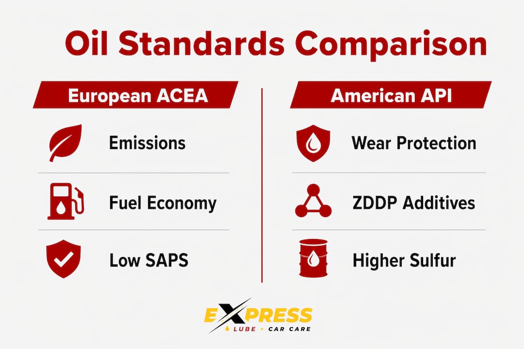 Infographic comparing European ACEA and American API oil standards
