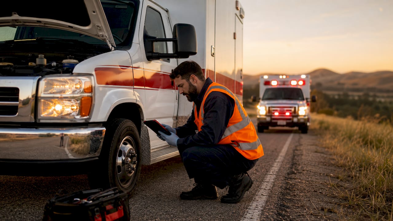 Technician diagnosing ambulance tire roadside