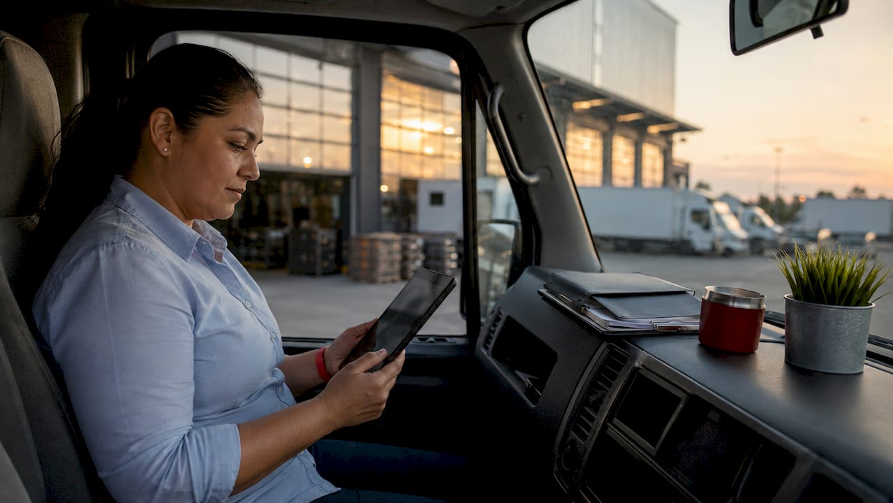 Delivery driver checking oil change intervals on tablet