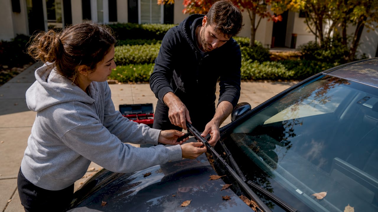 Hands replacing windshield wiper blade outdoors