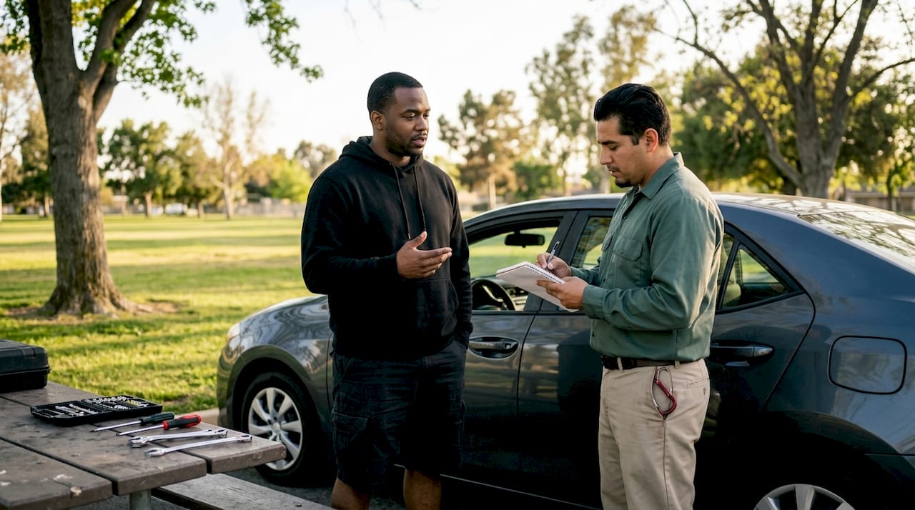 Driver explaining car issues to mechanic