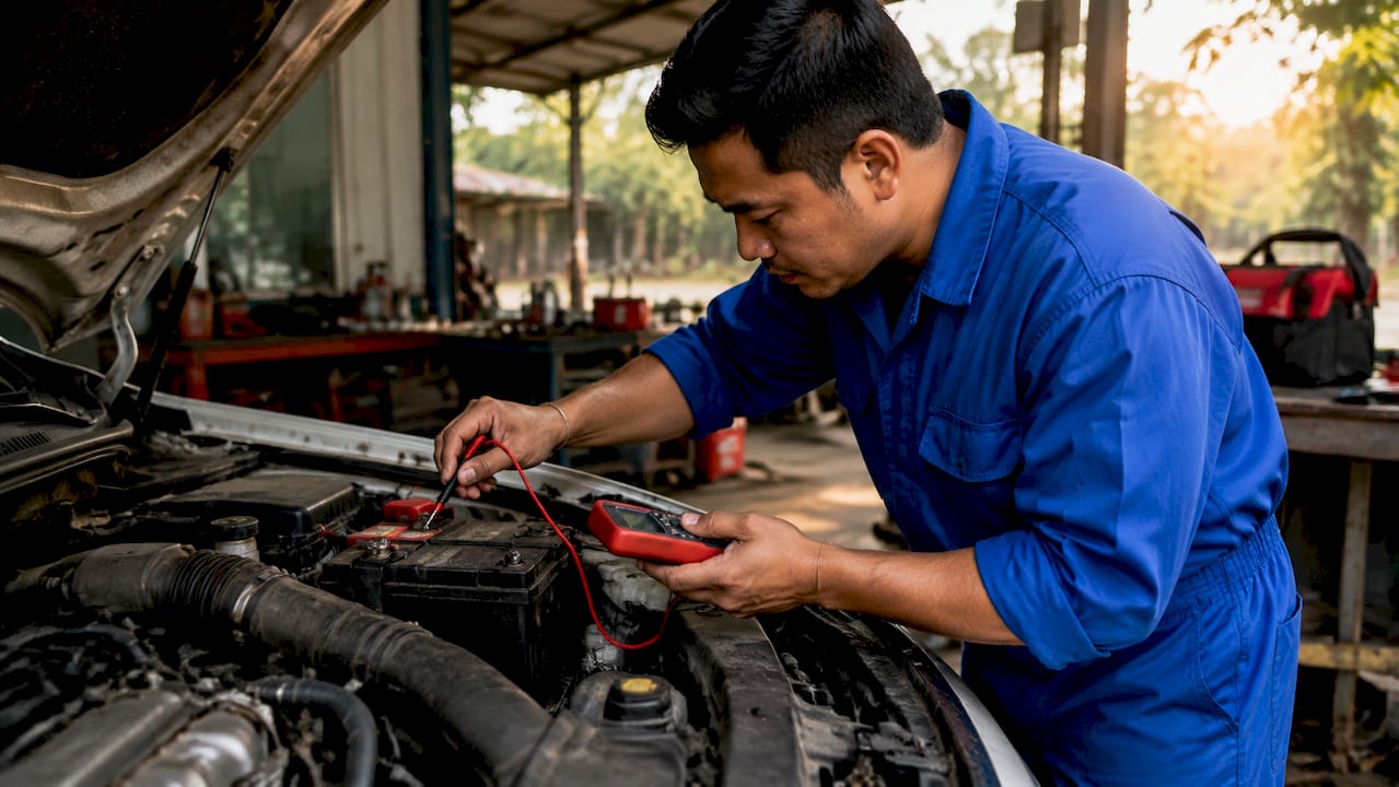 Technician inspecting battery terminals and belts