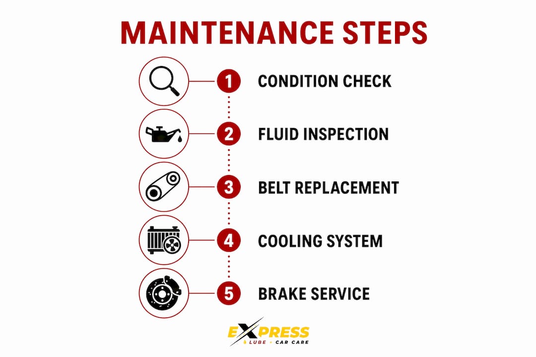 Infographic showing five-step maintenance process for high-mileage vehicles