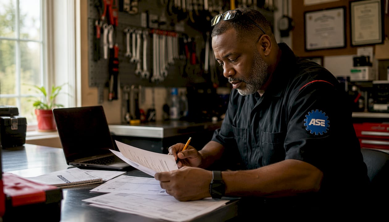 ASE-certified mechanic reviewing diagnostic records
