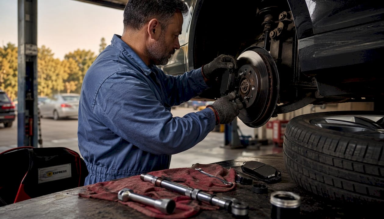 Hands replacing brake pads on car wheel