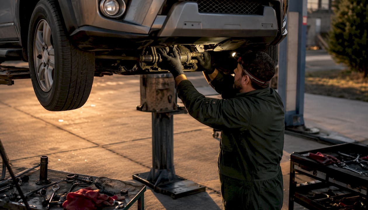 Technician inspecting SUV drivetrain in workshop