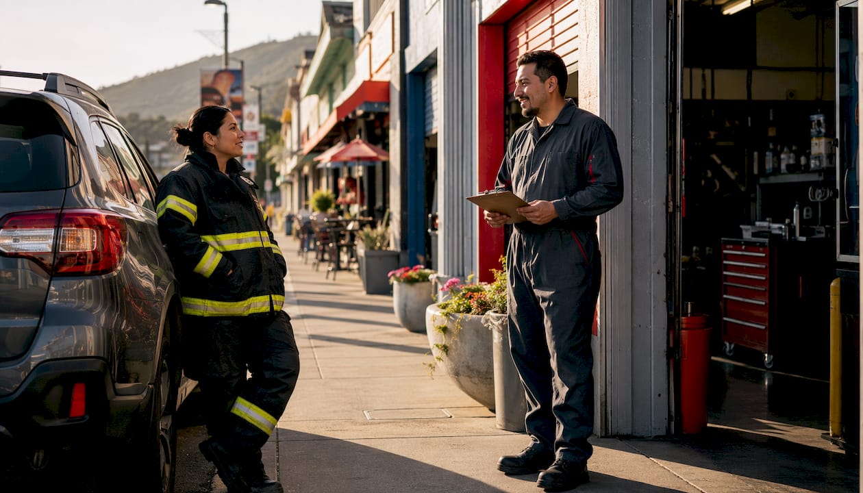 Firefighter discussing hero discounts with mechanic outside auto shop