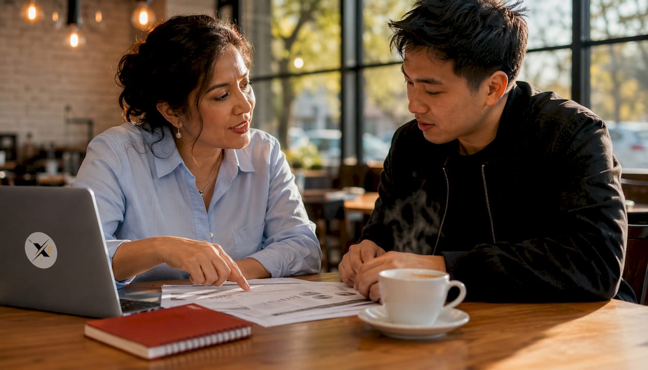 Advisor and car owner discussing diagnostic report