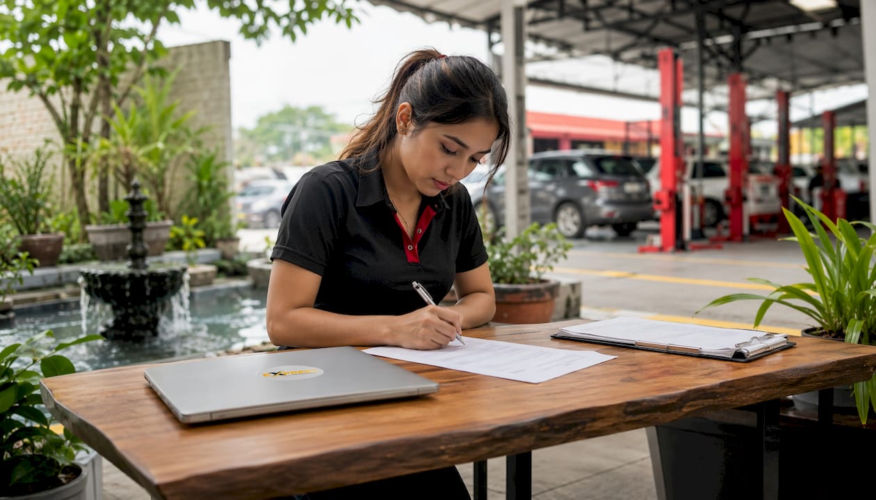 Shop staff filling out invoice template