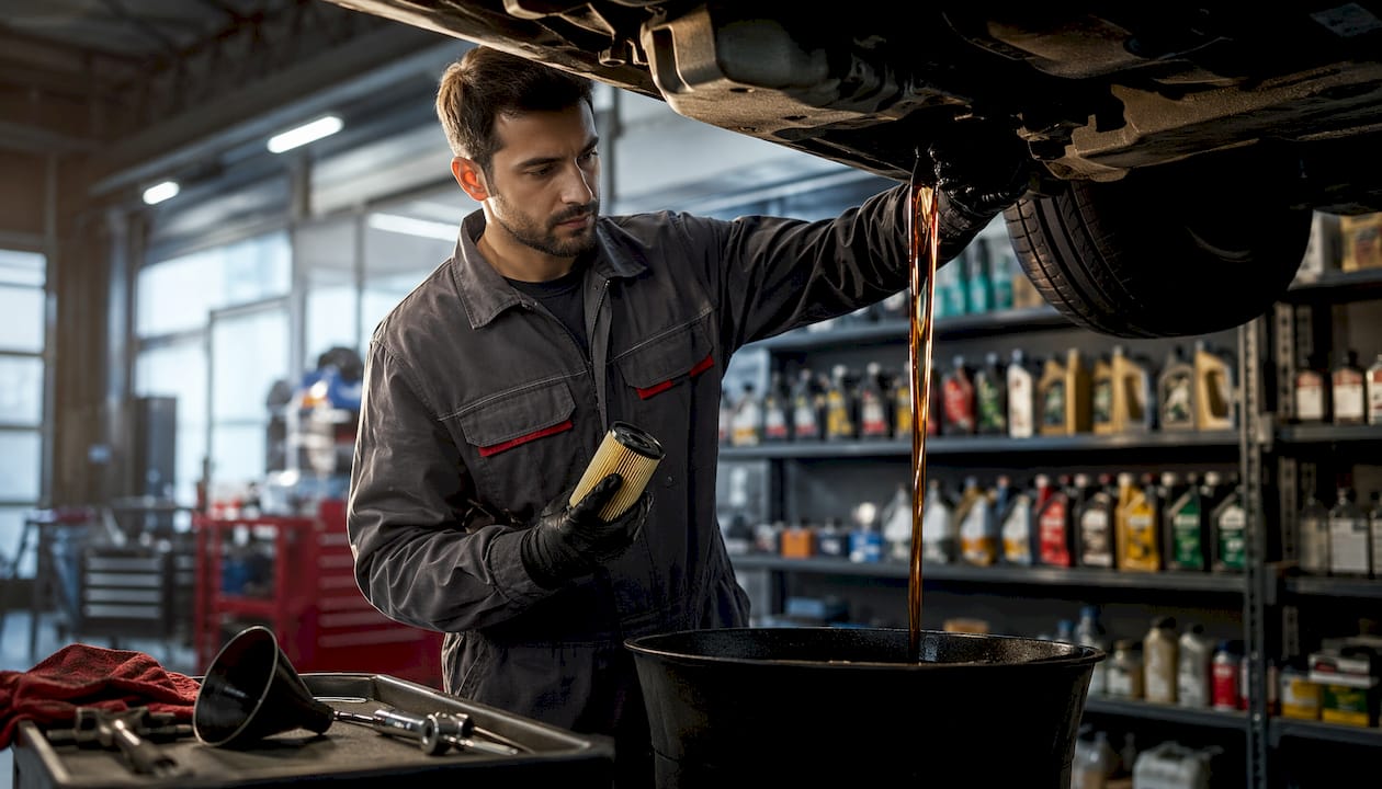 Hands changing oil and preparing filter for Mercedes-Benz