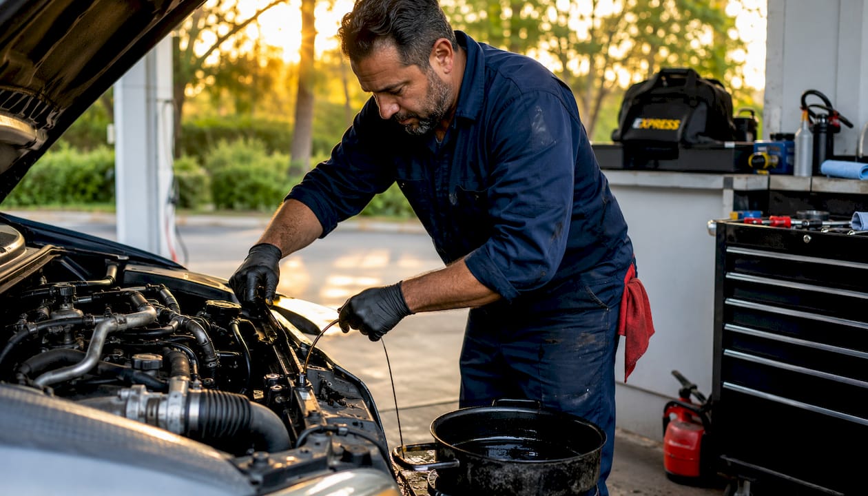 Hands changing oil in turbo engine