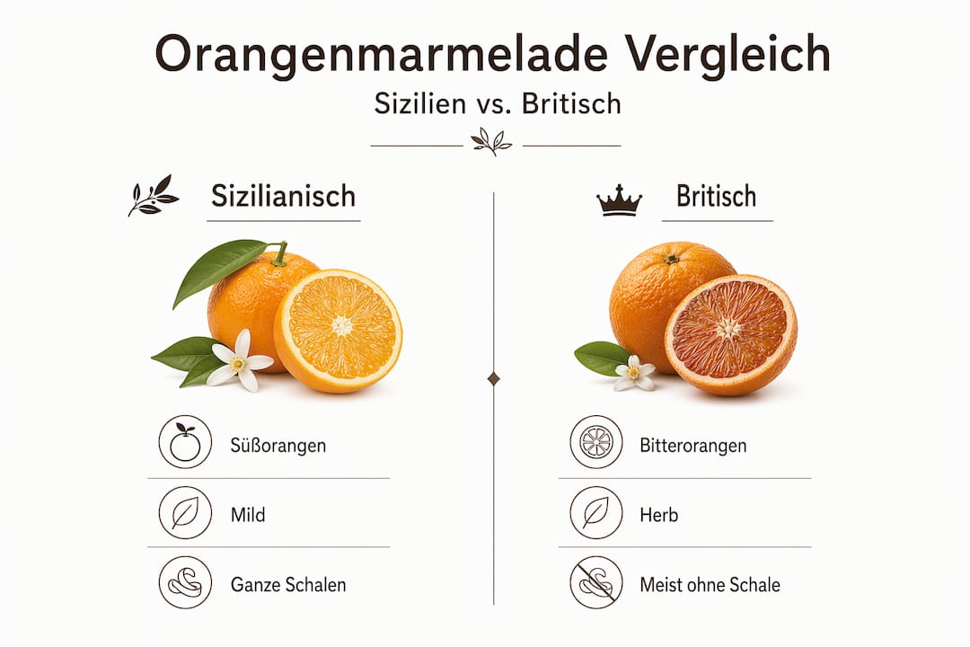 Infografik: Sizilianische Orangenmarmelade im Vergleich zur britischen – Unterschiede und Besonderheiten auf einen Blick