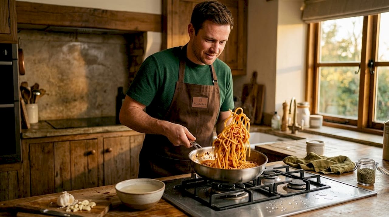 Damit die Pasta schön cremig wird, einfach in der Olivenöl-Sauce schwenken.