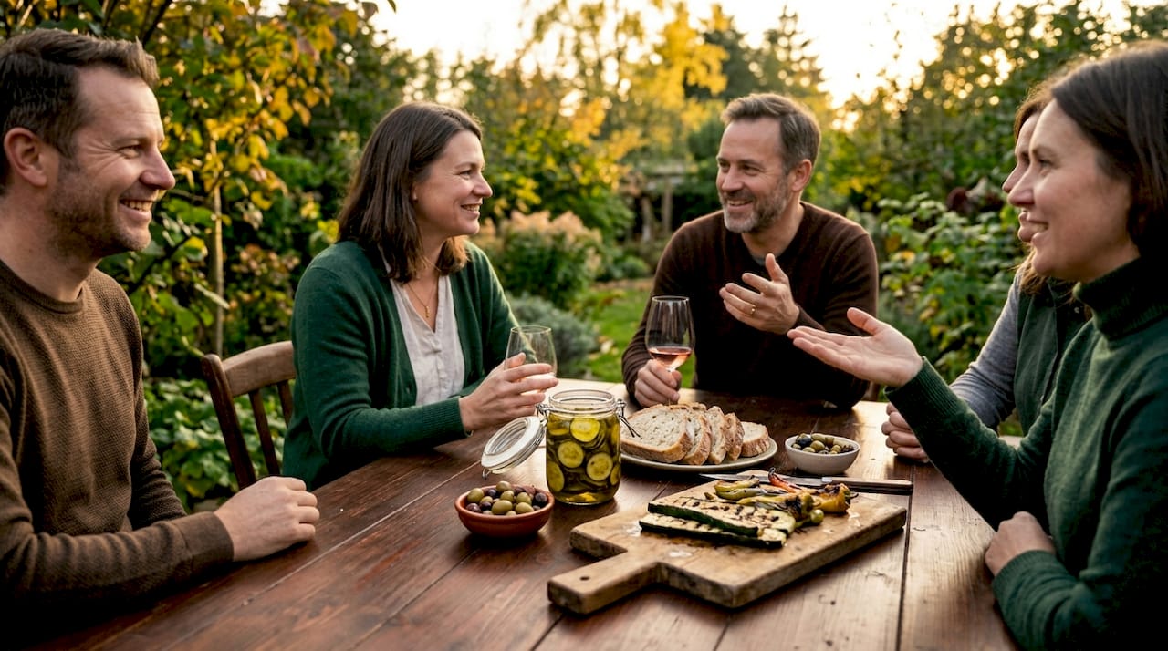 Im Garten lässt sich die Gruppe Antipasti mit Zucchini schmecken.