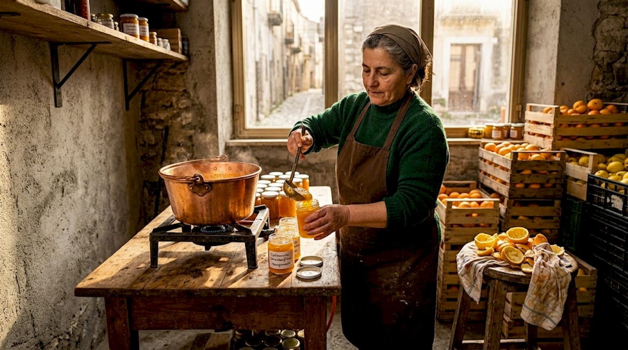 Eine Frau aus Sizilien füllt selbstgemachte Marmelade sorgfältig in Gläser ab.
