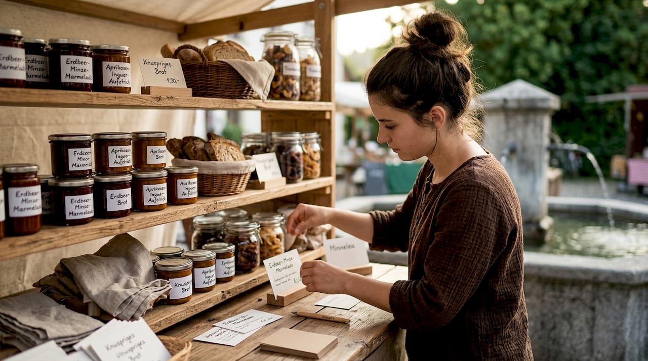 Eine Mitarbeiterin arrangiert Produktkarten neben den Marmeladengläsern.