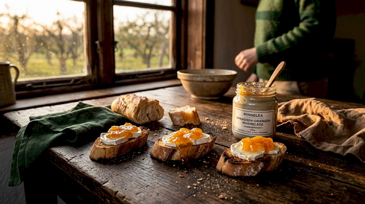 Knusprige Brotscheiben mit Ziegenkäse und Orangenkonfitüre