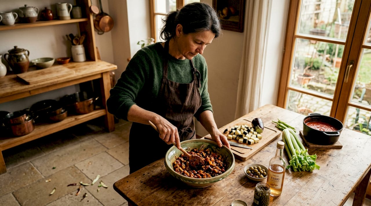 Eine Frau bereitet am Küchentisch Caponata zu.