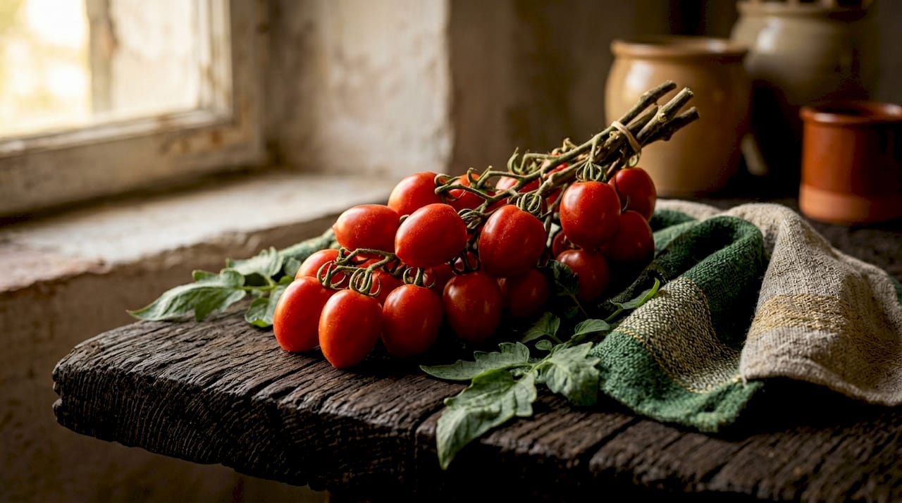 Detailaufnahme einer Piennolo-Tomatenrispe