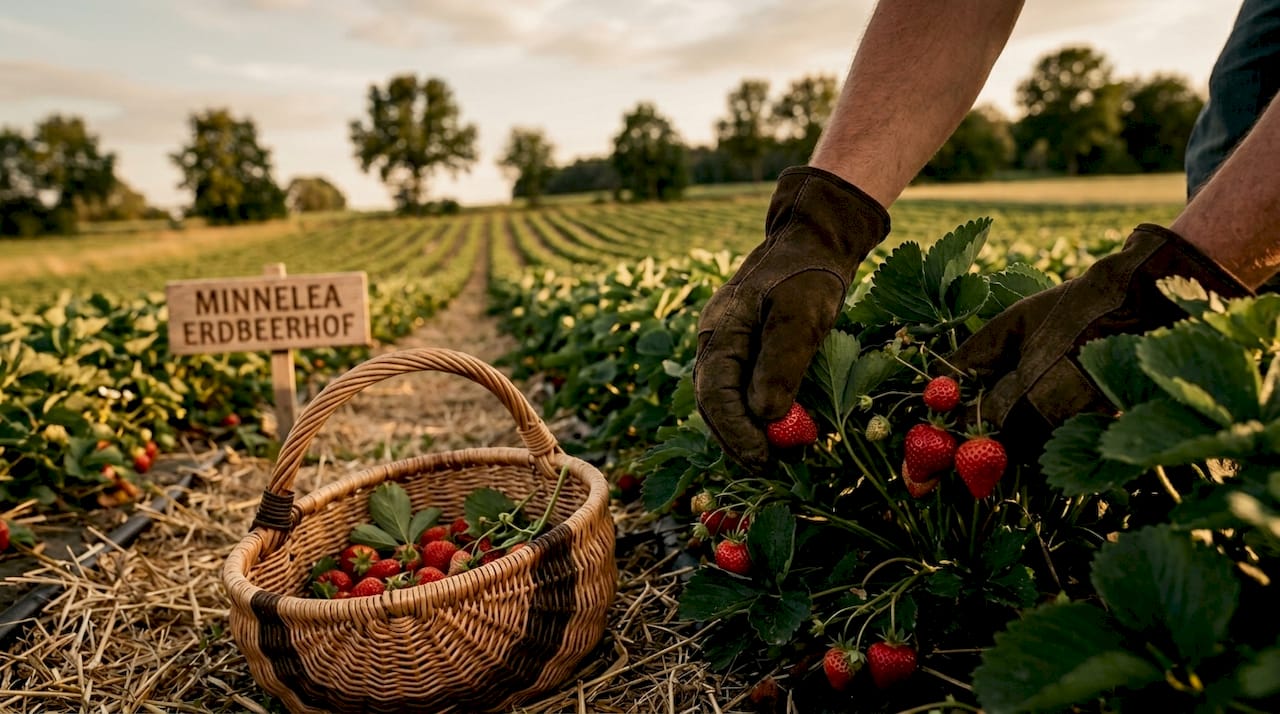 Frische, reife Erdbeeren werden von Hand auf einem deutschen Feld gepflückt.