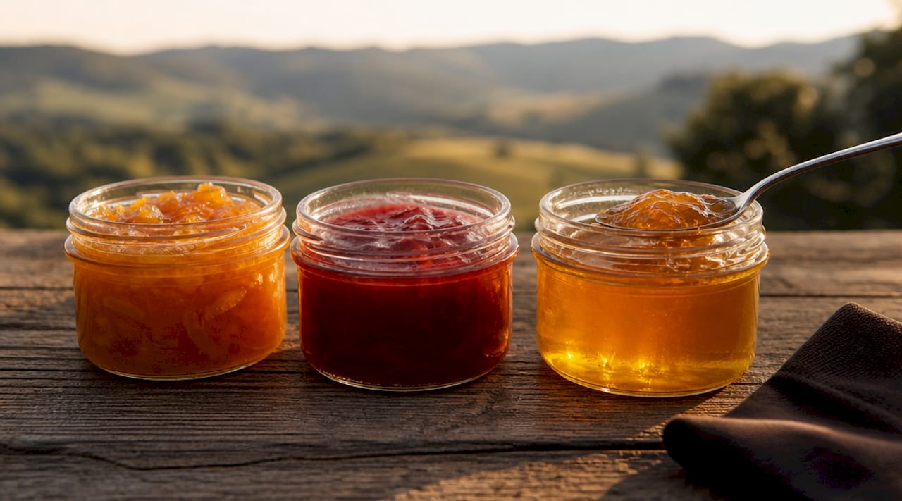 Detailaufnahme verschiedener Konsistenzen von Marmelade, Konfitüre und Gelee: So unterschiedlich sehen die feinen Strukturen aus – von fruchtig-stückig bis samtig-glatt.