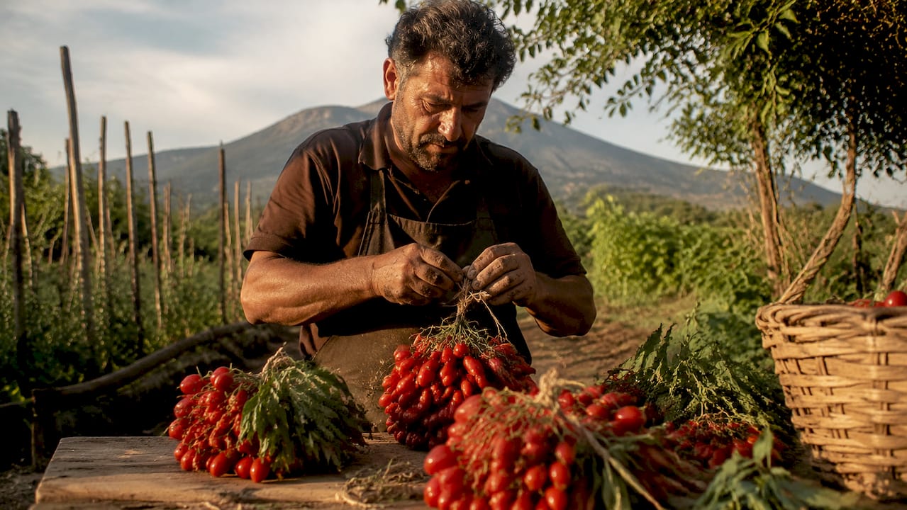 Mit viel Sorgfalt werden reife Pomodorino-Tomaten von Hand geerntet.