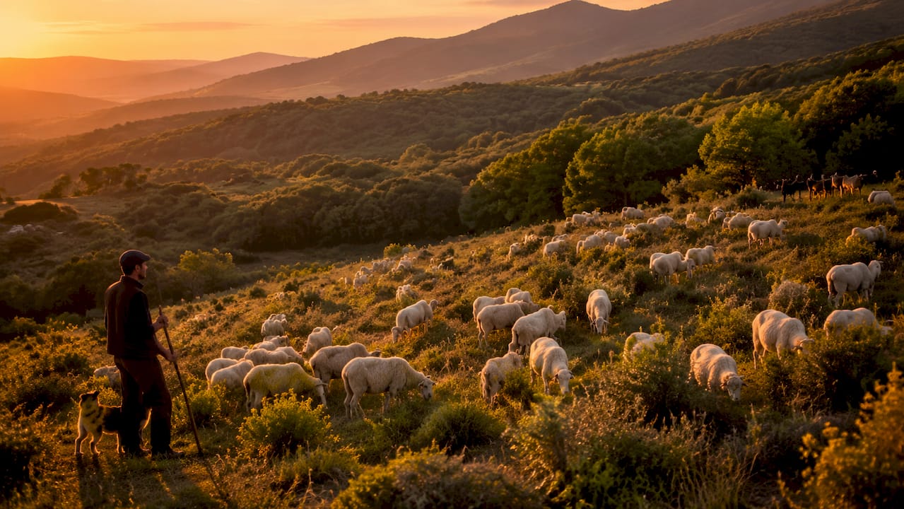 Weidende Schafe auf einer duftenden Kräuterwiese im Nationalpark Cilento
