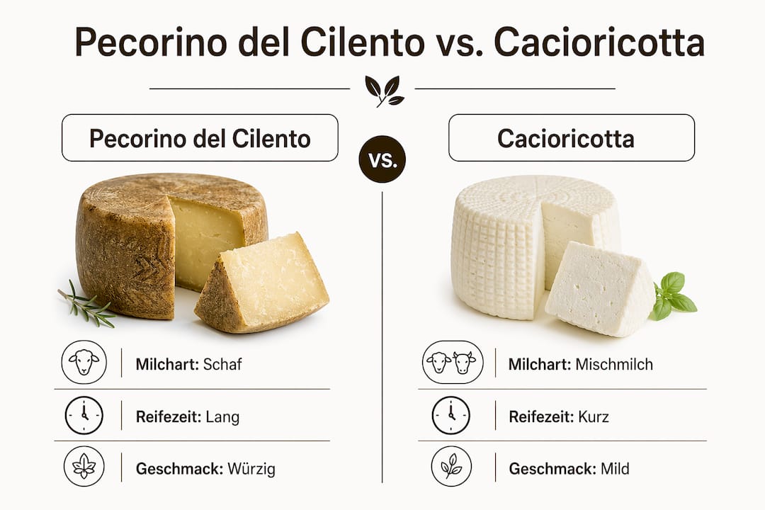 Infografik: Pecorino del Cilento und Cacioricotta im direkten Vergleich