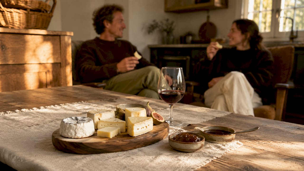 Gemütlicher Abend im Wohnzimmer mit einer Auswahl feiner Käsesorten, Feigenmarmelade und einem Glas Wein.