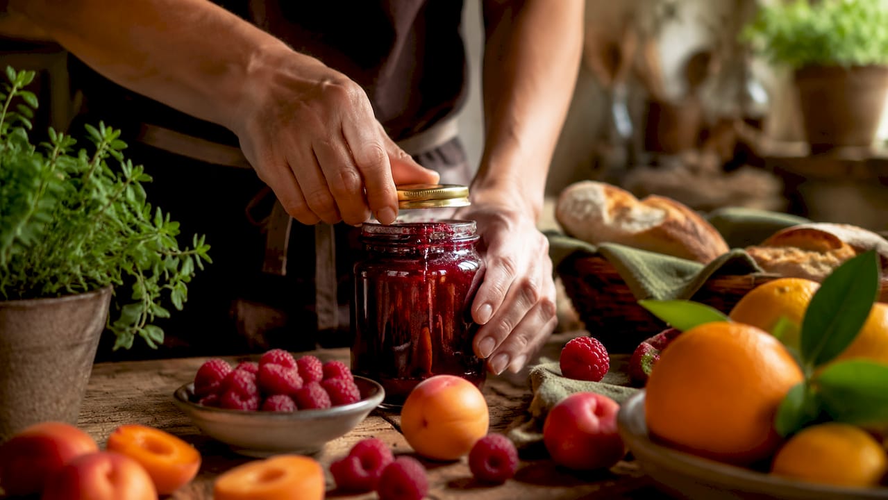 In den Händen wird ein Glas mit italienischer Fruchtmarmelade gehalten.