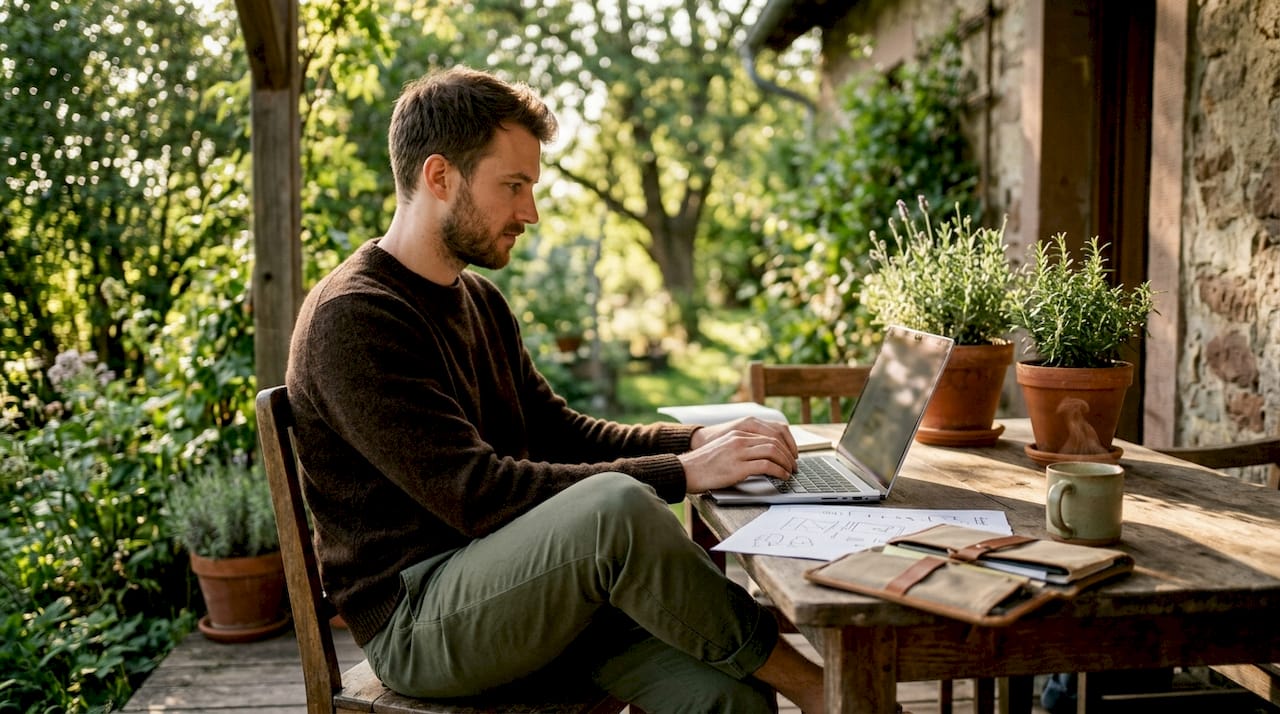Ein junger Mann baut gerade an seinem eigenen Onlineshop und arbeitet dafür am Laptop.
