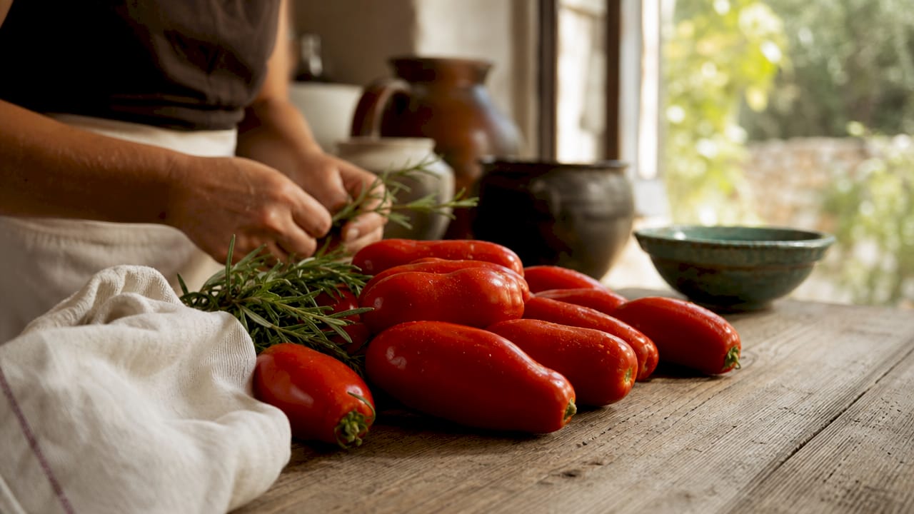 San-Marzano-Tomaten in Großaufnahme auf einem rustikalen Holztisch arrangiert