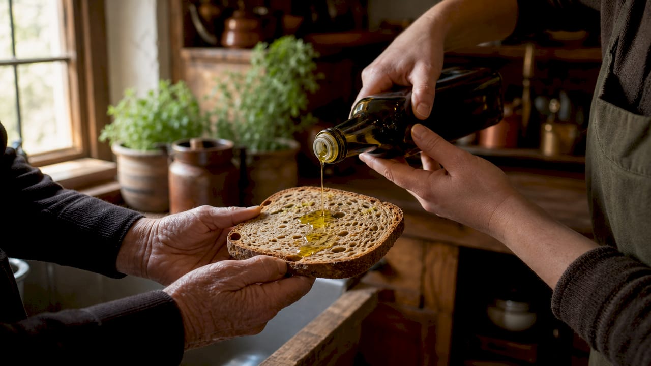 Ein Stück rustikales Brot mit einer frischen Knoblauchzehe einreiben – so entsteht ganz einfach ein herrlich aromatischer Snack.