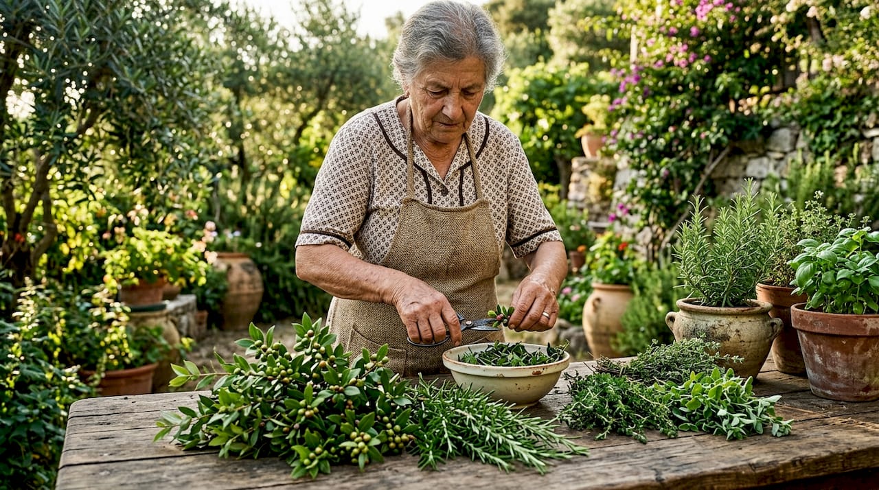 In der gemütlichen Landhausküche sortiert eine Frau frische Wildkräuter und bereitet sie liebevoll für das Kochen vor.
