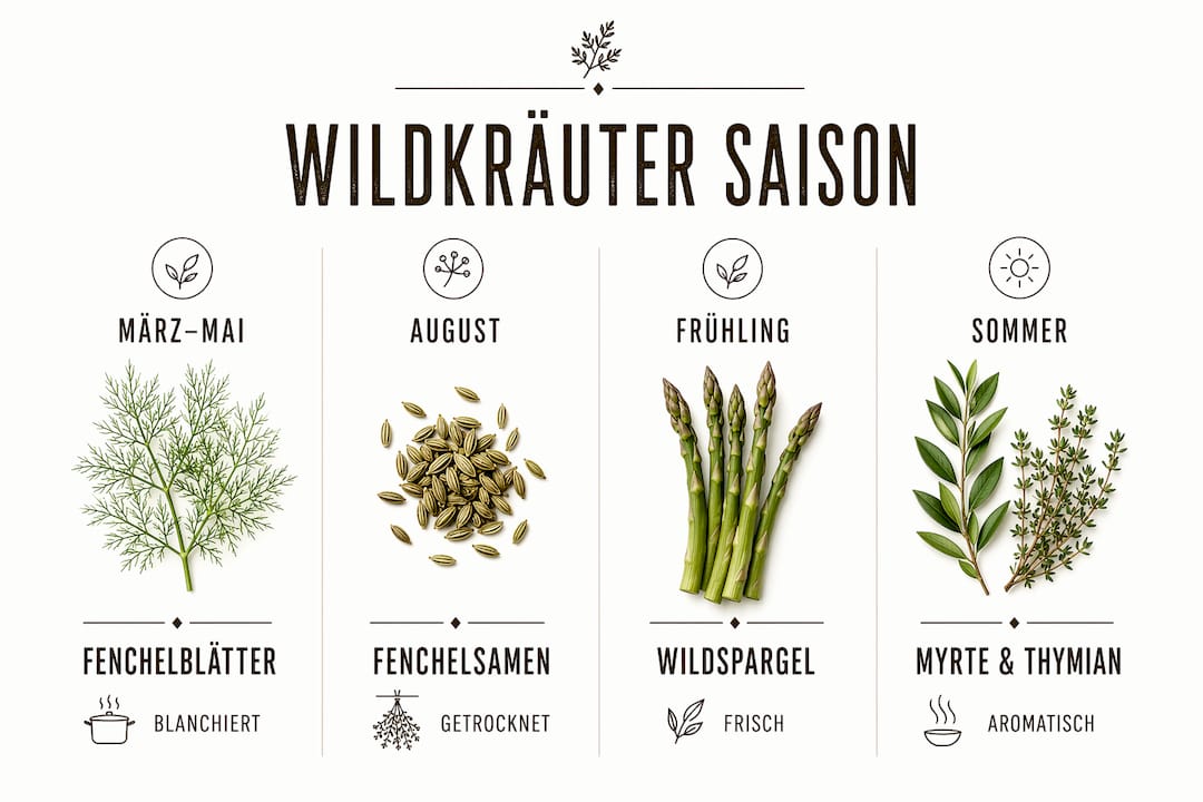 Übersichtliche Infografik: Wann haben heimische Wildkräuter Saison und wie lassen sie sich in der Küche verwenden?