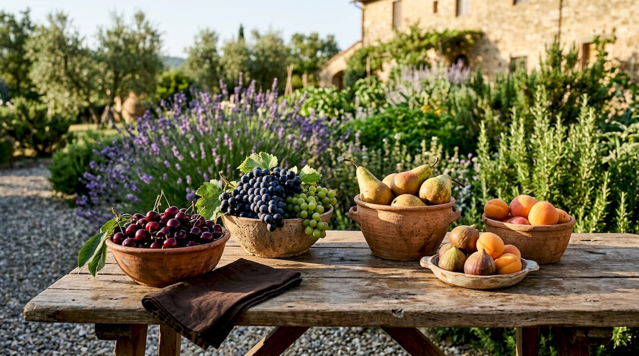 Auf dem Tisch liegen verschiedene typische Obstsorten aus Italien, die nur in bestimmten Regionen heimisch sind.