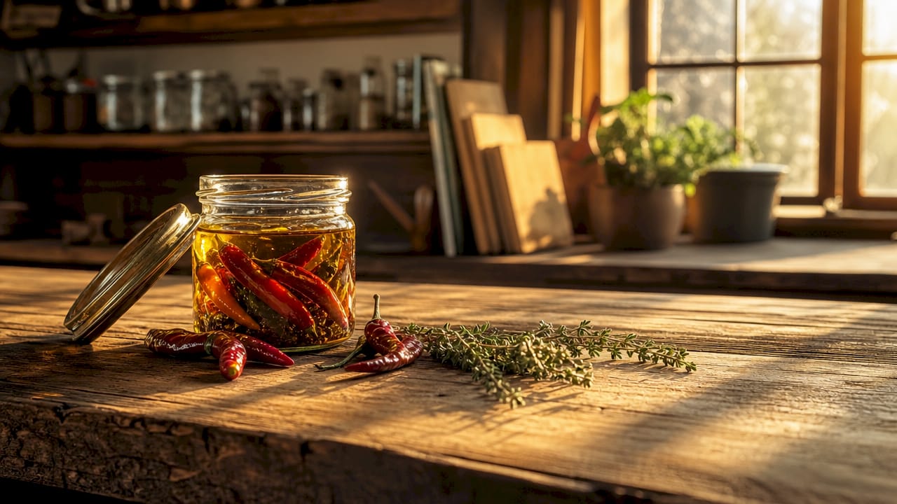 Ein Glas mit in Olivenöl eingelegten Peperoni steht auf einem Holztisch.