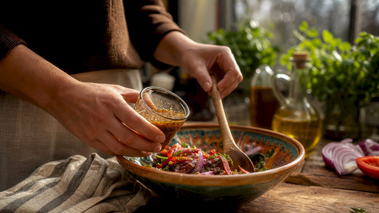 In der Küche wird mit der Hand ein Agrodolce-Dressing angerührt.