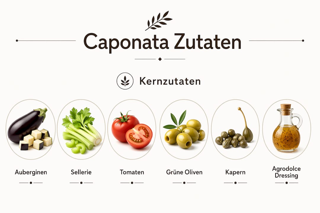 In dieser Infografik werden die wichtigsten Zutaten der Caponata anschaulich vorgestellt.
