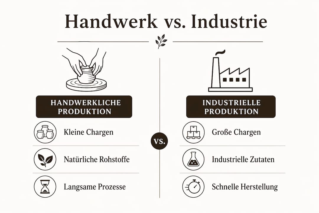 Grafische Übersicht: Handwerkliche Fertigung im Vergleich zur industriellen Produktion