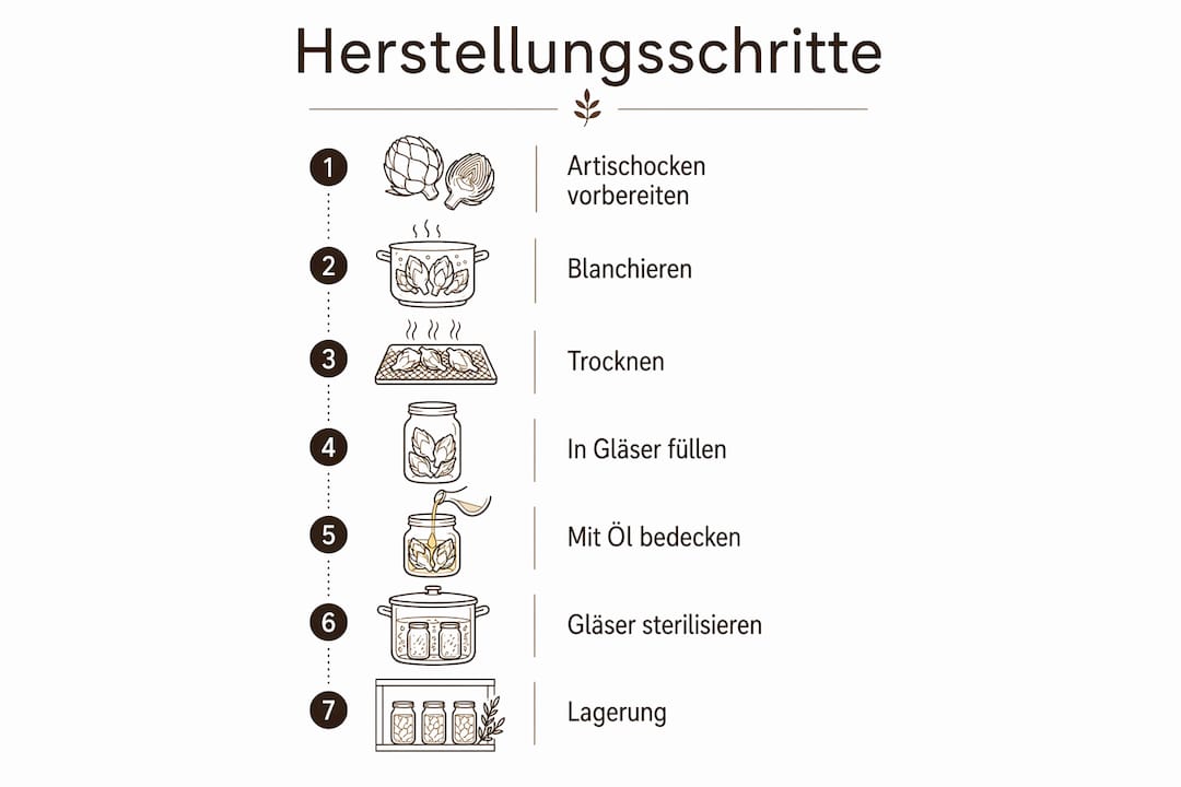 Schritt-für-Schritt-Infografik: So gelingt die Zubereitung von Artischocken in Öl