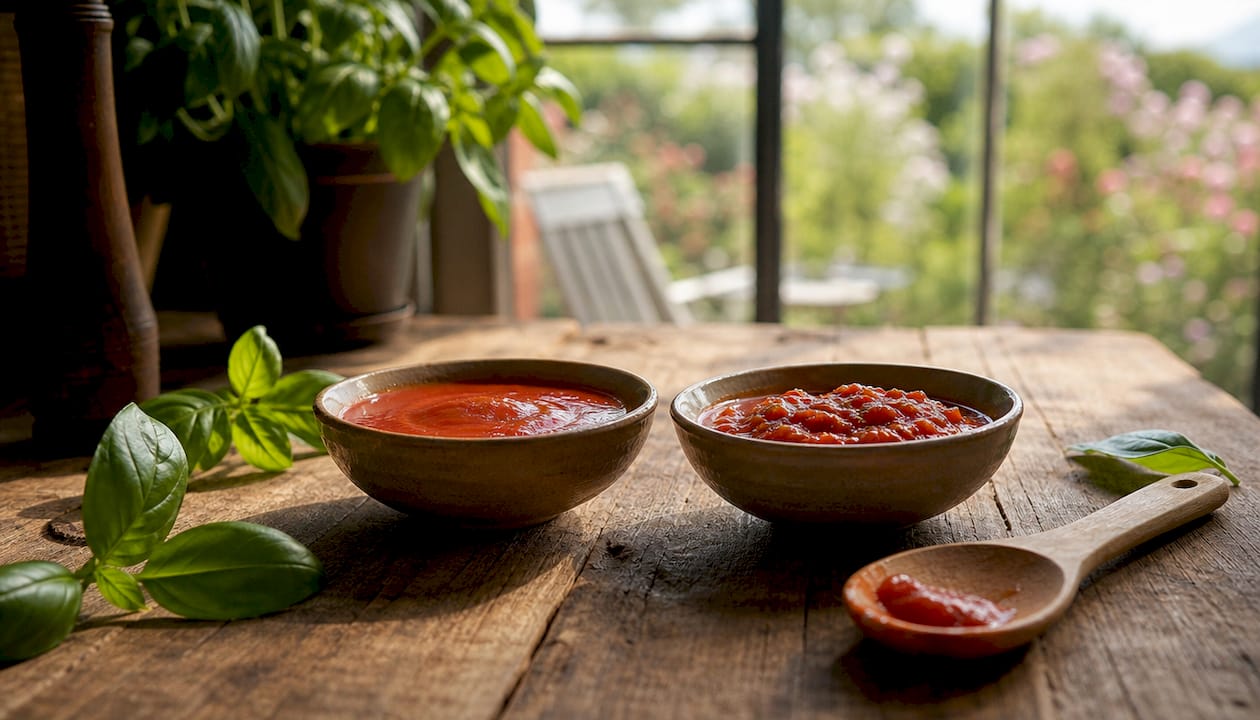 Detailaufnahme von Passata und Sugo in kleinen Schälchen, garniert mit frischem Basilikum.