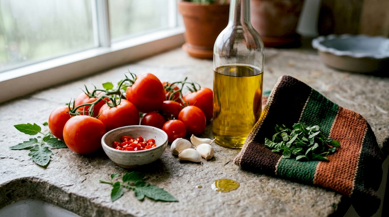 Detailaufnahme klassischer Zutaten für eine Tomatensauce