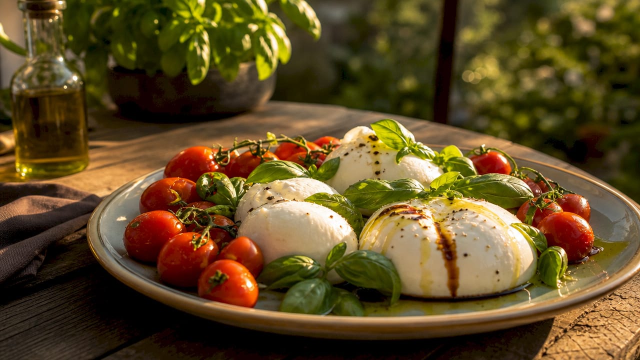 Frischer Mozzarella mit sonnengereiften Tomaten und aromatischem Basilikum, liebevoll auf einem rustikalen Teller angerichtet.