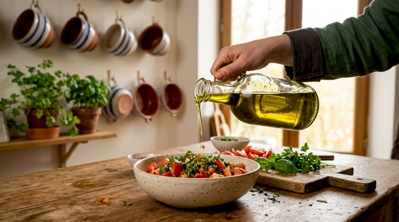 Mit einer Hand wird Olivenöl über die Mischung aus frischen Kräutern und Tomaten gegossen.