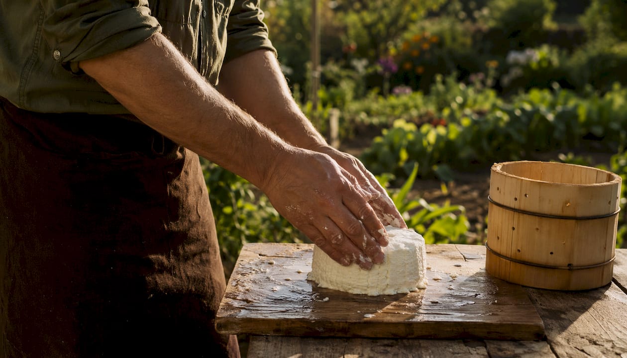 Mit geübten Händen wird in einem kühlen Keller der Käse liebevoll geformt – echte Handwerkskunst, die Tradition und Geschmack verbindet.