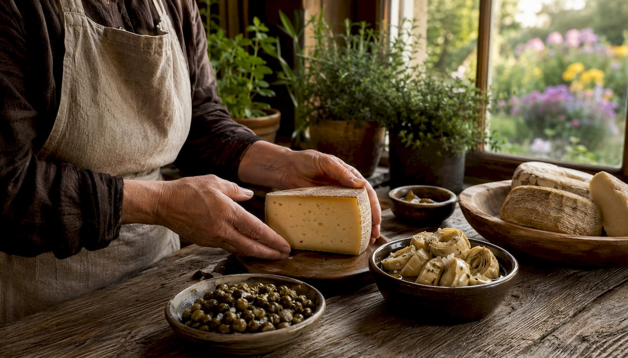 Hände, die traditionelle italienische Spezialitäten aus Fermentation zubereiten.