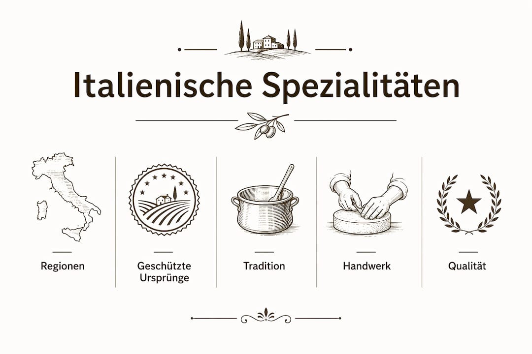 Infografik über die regionale Vielfalt und meisterhafte Handwerkskunst italienischer Spezialitäten