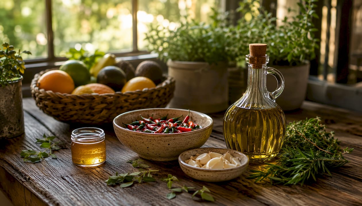 Zutaten für eine klassische Antipasti-Marinade – arrangiert auf einem rustikalen Holztisch