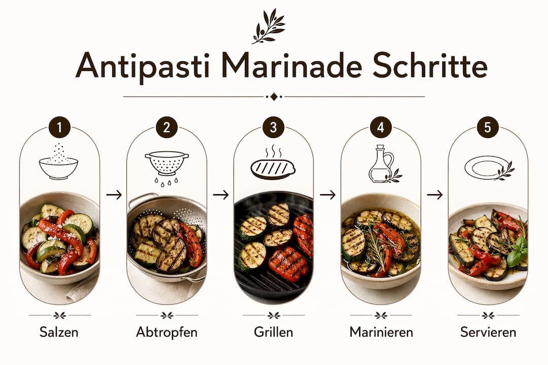 Schritt-für-Schritt-Infografik: So gelingt die perfekte Antipasti-Marinade